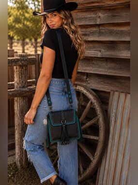 Black/Turquoise Leather Whipstitch Purse | Western Luxe Mountain Chic Nashville